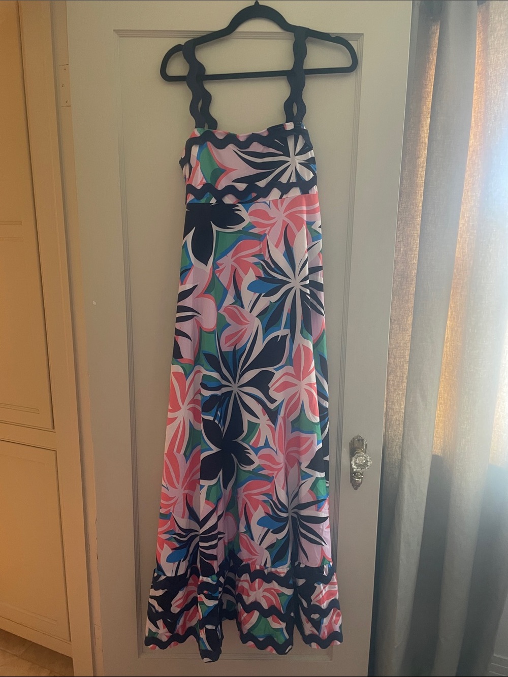 Ladies Navy Floral Maxi Dress with Pink & Teal Accents
